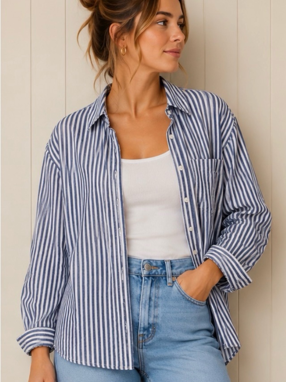 aerie Oversized Vertical Stripe Button-Down Shirt